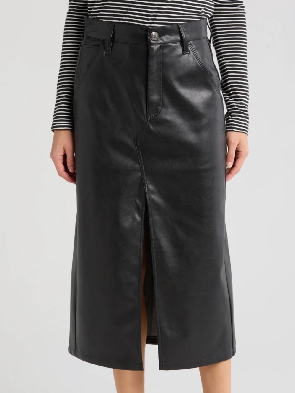 rag & bone Black Faux-Leather Midi Pencil Skirt with Center Front Slit size 34